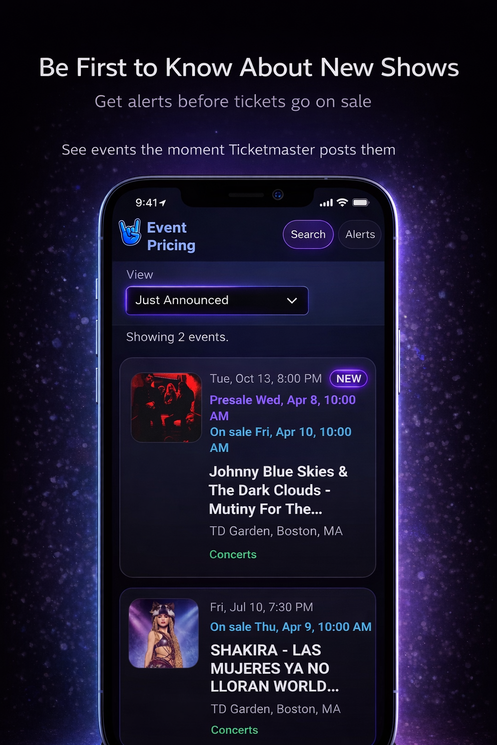 Event Pricing promotional alert screen showing just announced events