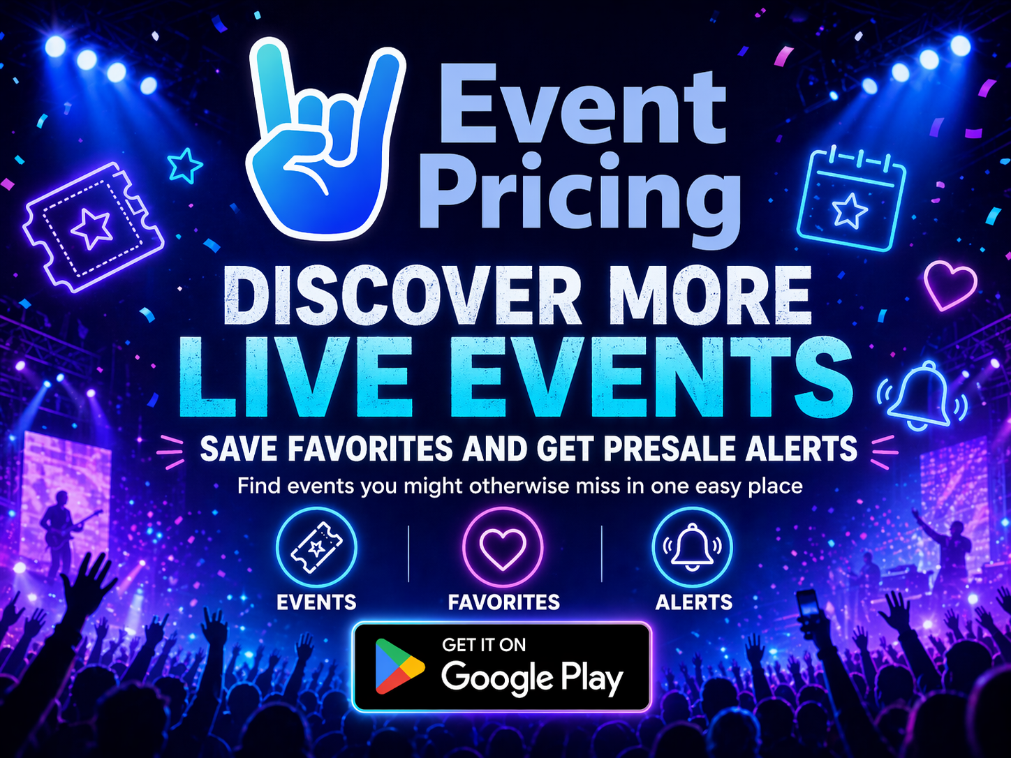 Event Pricing helps users discover live events, save favorites, and get presale alerts