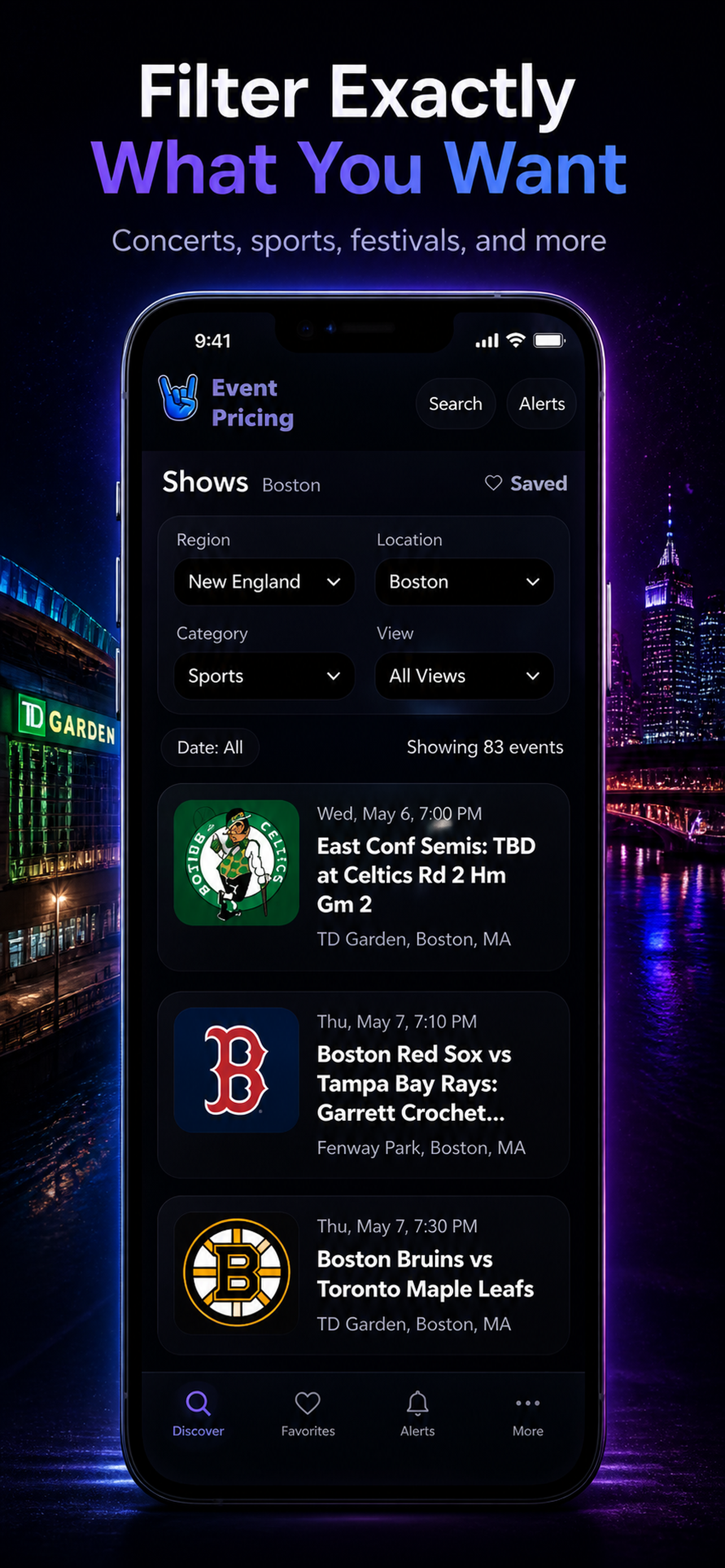 Event Pricing filter screen showing location, category, and view controls