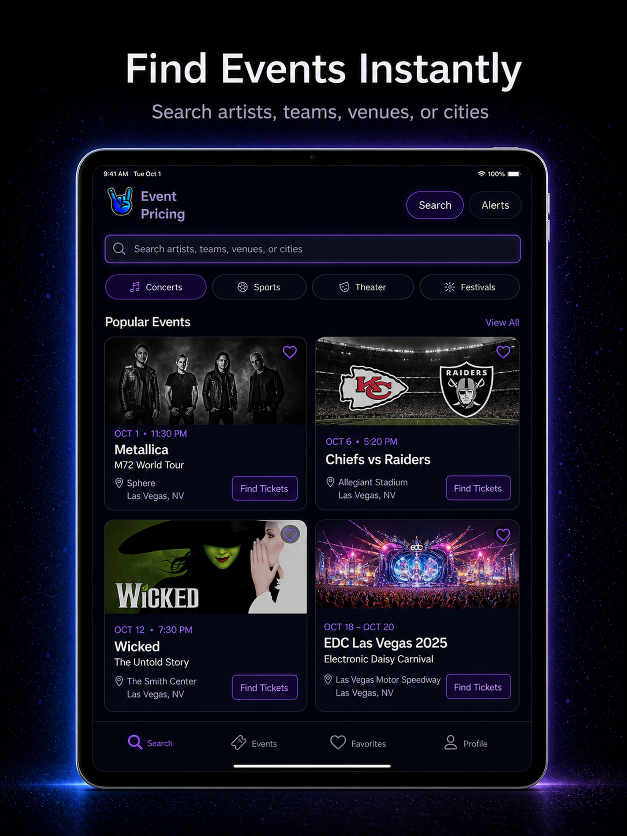 Event Pricing iPad search screen showing event categories and popular events
