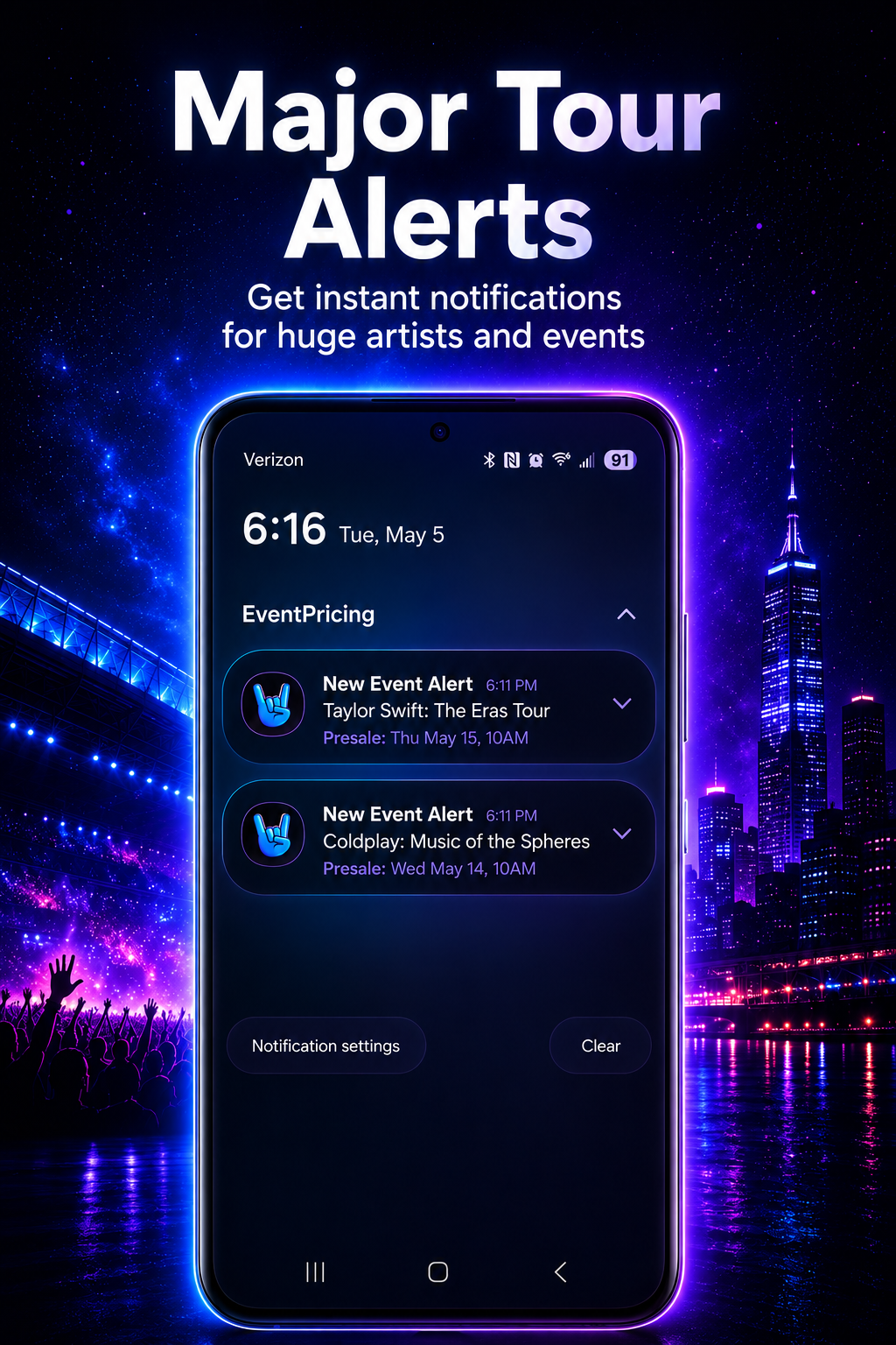 Event Pricing major tour notification screen