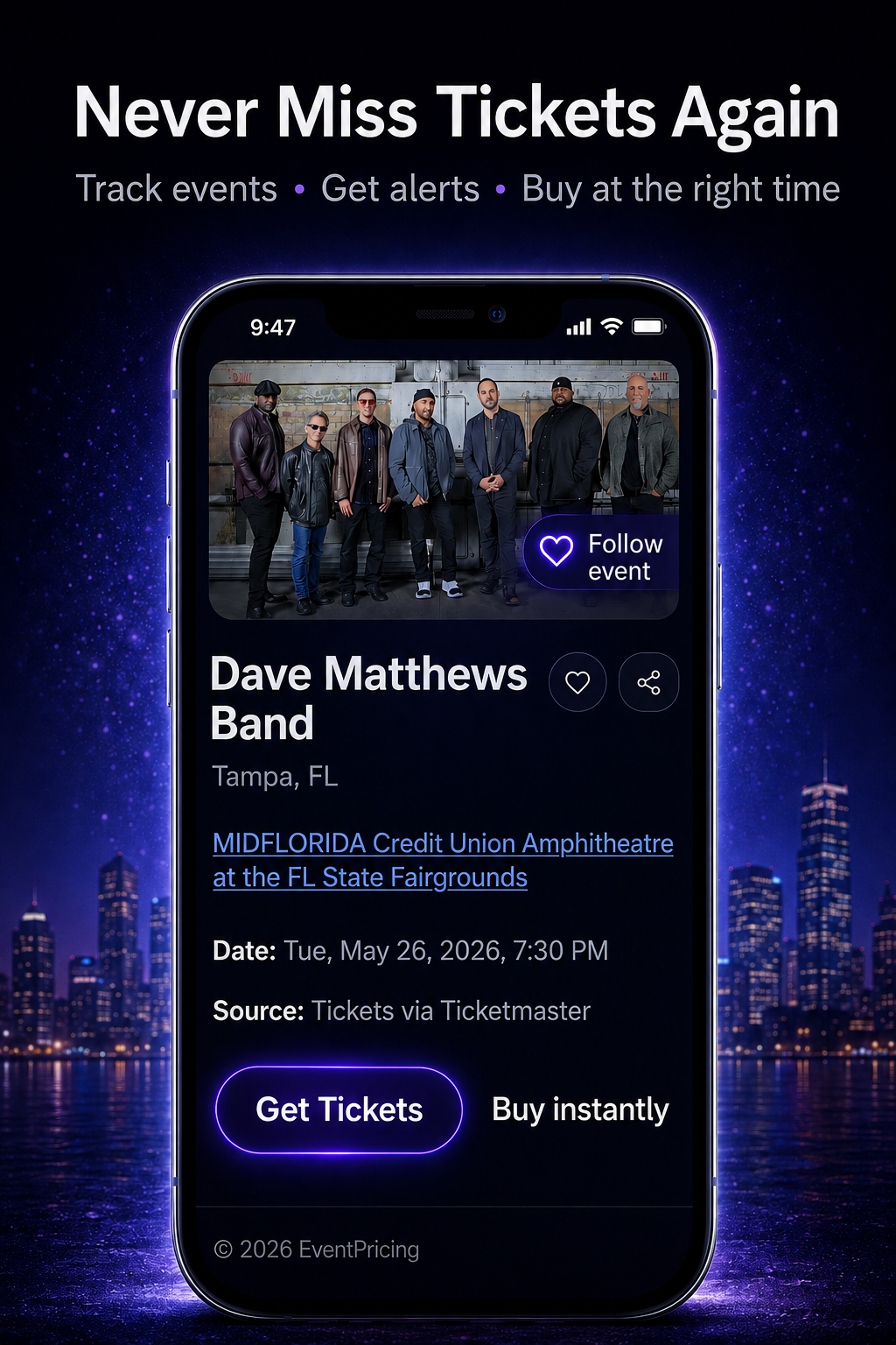 Event Pricing ticket detail screen showing an event page with follow, alert, and ticket purchase actions