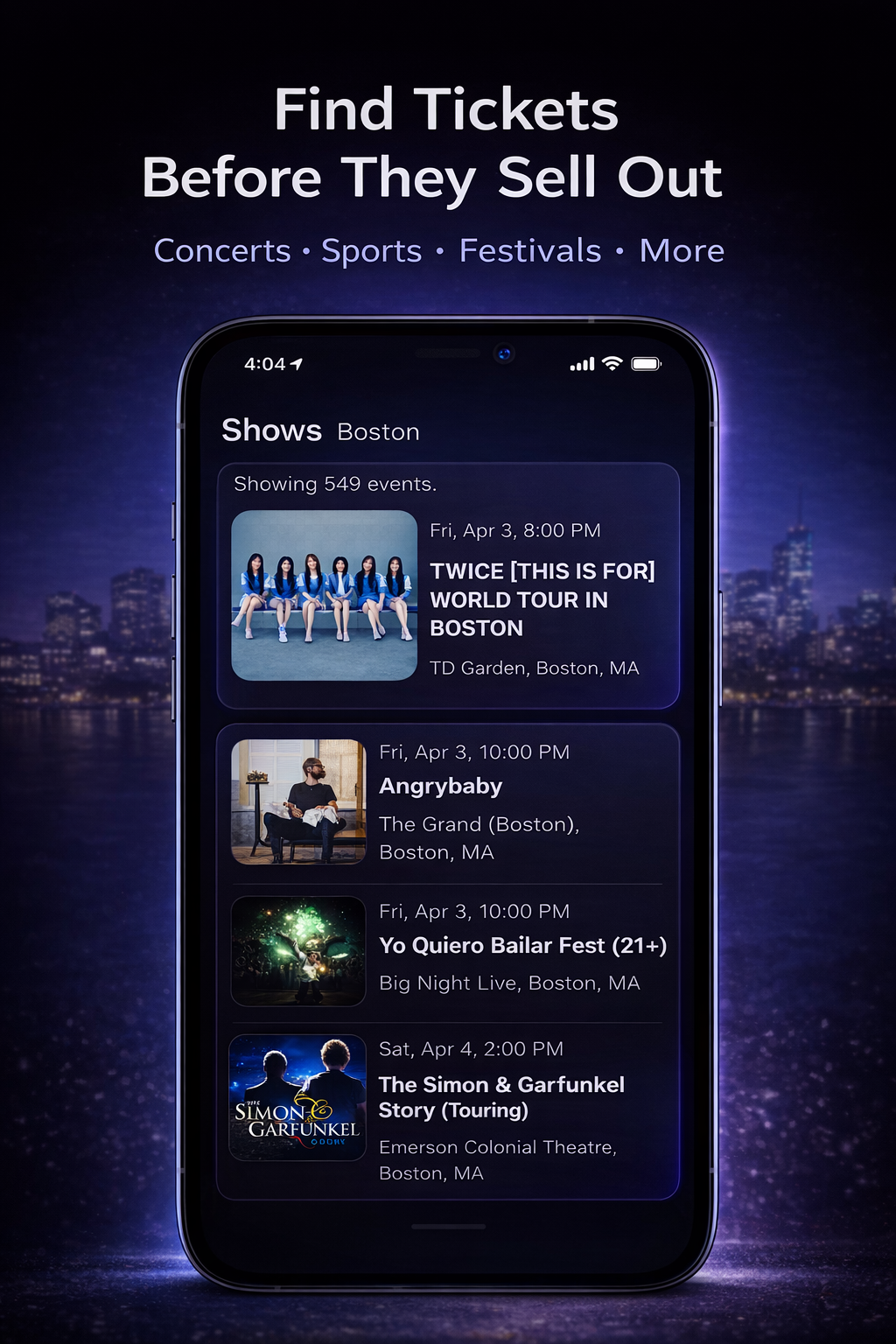 Event Pricing mobile app screenshot showing ticket discovery before sell out